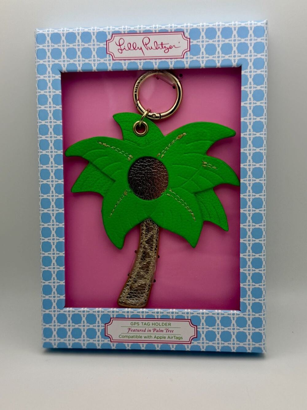Lilly Pulitzer Palm Tree GPS Tag Holder For Apple AirTags Green & Gold Faux Leat